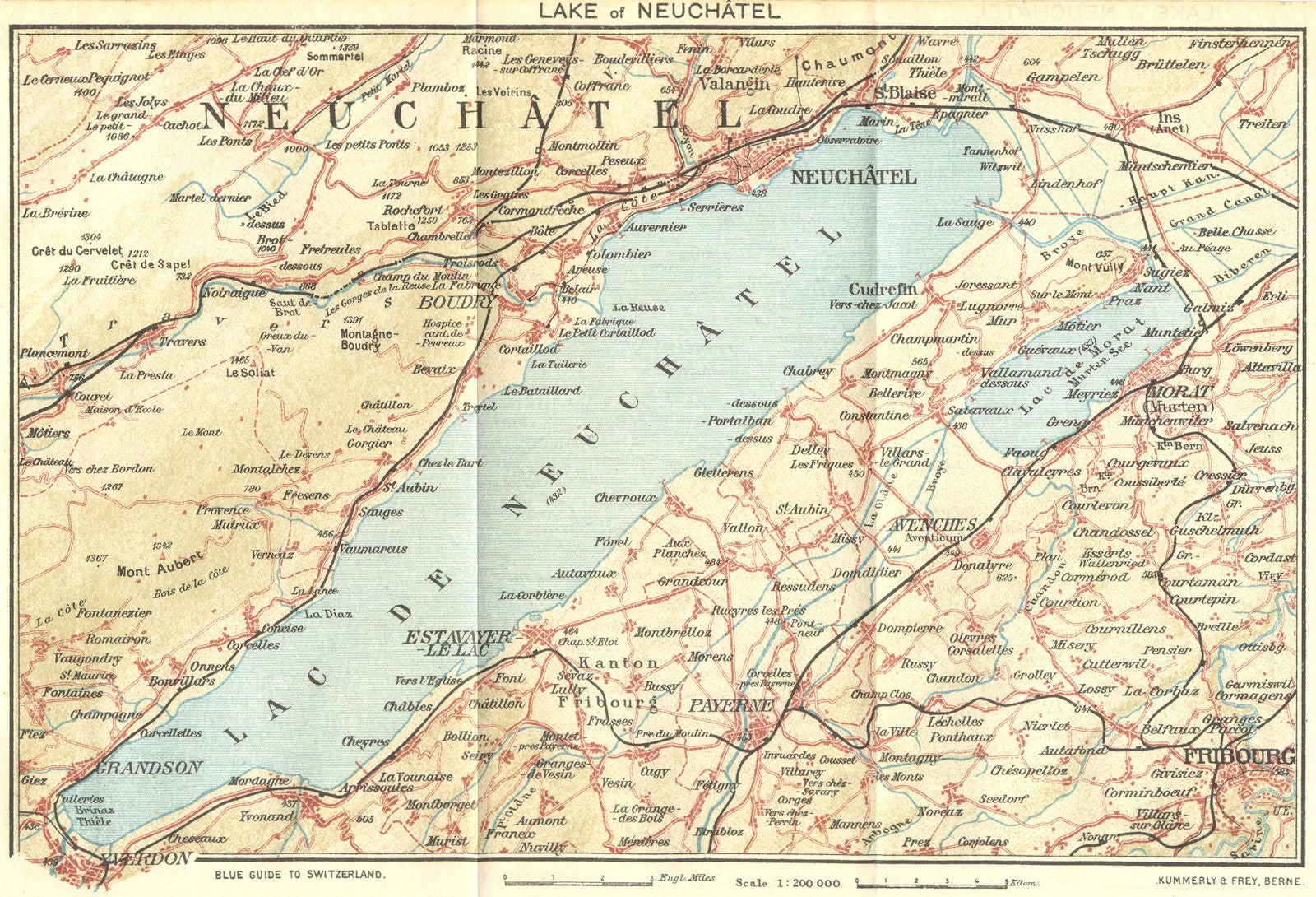 SWITZERLAND. Lake of Neuchatel 1923 old antique vintage map plan chart